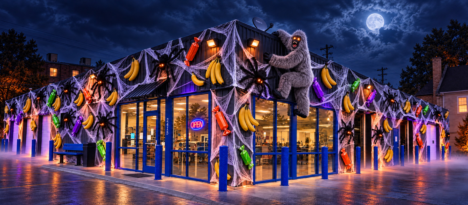 Halloween-themed night image of the decorated shop with a gorilla character