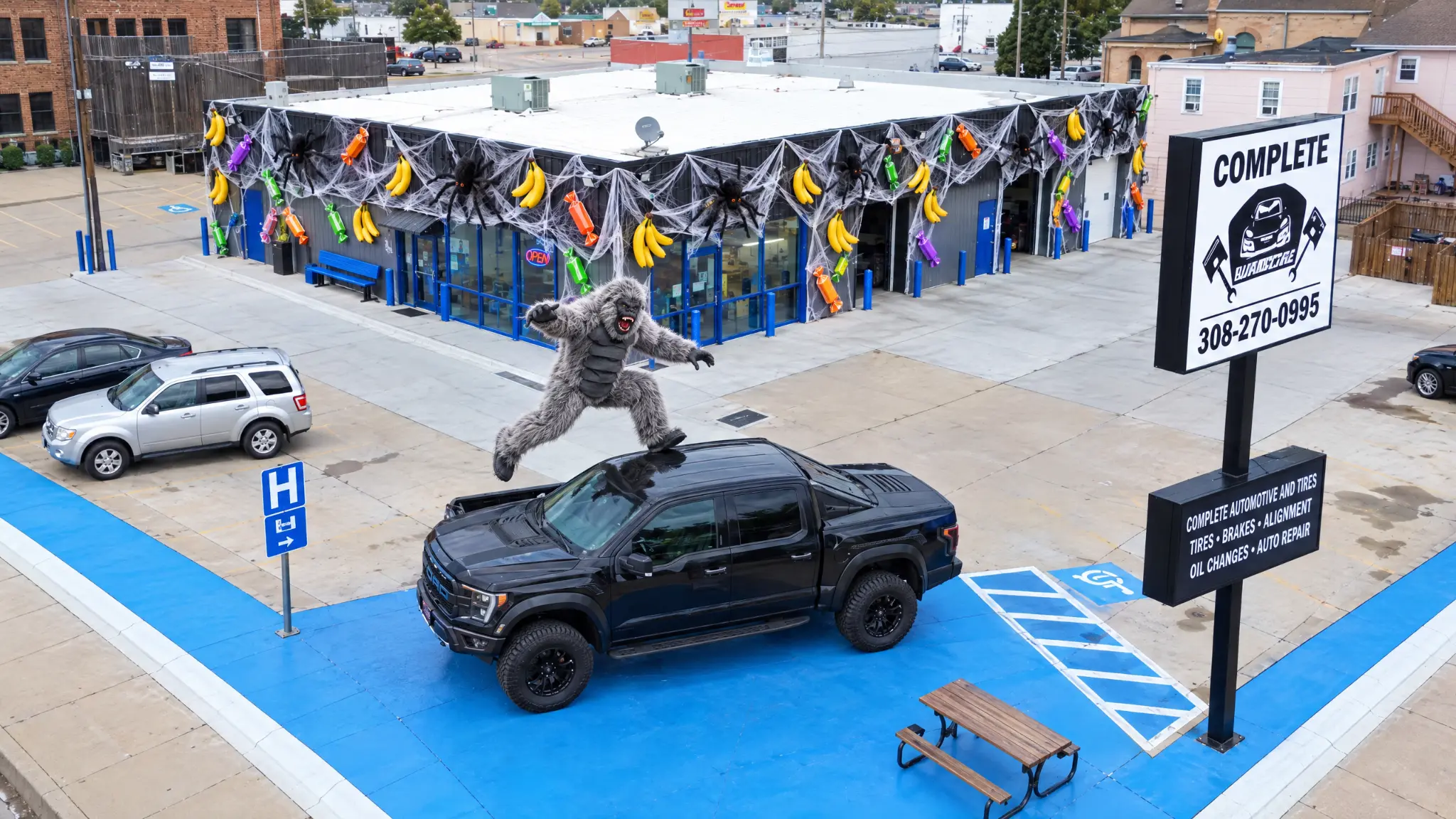 Halloween-themed overhead view of the decorated shop and gorilla character