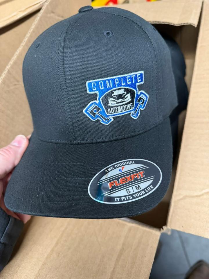 Complete Automotive Flex Fit Hat — Black with embroidered piston logo